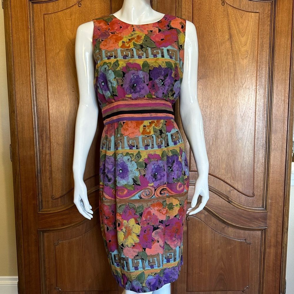 Vintage 80’s 90’s Dress Cut Out Back Rich Colors Midi Length Size 14P